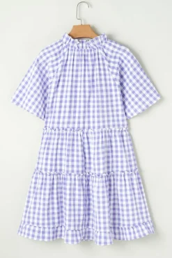 Clearance Dear-Lover Plaid Ruffle Wide Short Sleeve Babydoll Mini Dress Lavendula