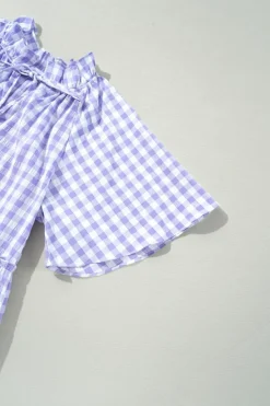 Clearance Dear-Lover Plaid Ruffle Wide Short Sleeve Babydoll Mini Dress Lavendula