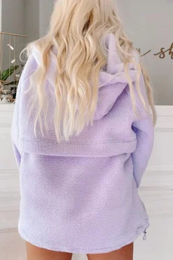 Discount Dear-Lover Zipped Patch Pocket Fuzzy Drawstring Hoodie Lavendula
