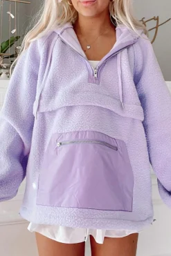 Discount Dear-Lover Zipped Patch Pocket Fuzzy Drawstring Hoodie Lavendula