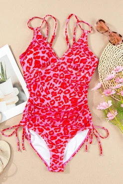 Online Dear-Lover Adjustable Straps Ribbed Knit One Piece Swimsuit Leopard