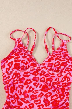 Online Dear-Lover Adjustable Straps Ribbed Knit One Piece Swimsuit Leopard