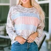 Sale Dear-Lover Animal Print Contrast Stripes Patchwork Puff Sleeve Knit Top Leopard