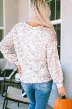 Sale Dear-Lover Animal Print Contrast Stripes Patchwork Puff Sleeve Knit Top Leopard