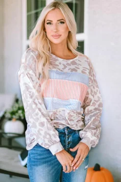 Sale Dear-Lover Animal Print Contrast Stripes Patchwork Puff Sleeve Knit Top Leopard