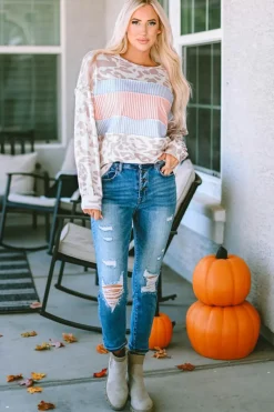 Sale Dear-Lover Animal Print Contrast Stripes Patchwork Puff Sleeve Knit Top Leopard