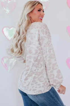Sale Dear-Lover Animal Print Contrast Stripes Patchwork Puff Sleeve Knit Top Leopard