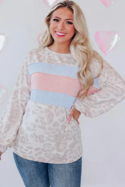 Sale Dear-Lover Animal Print Contrast Stripes Patchwork Puff Sleeve Knit Top Leopard