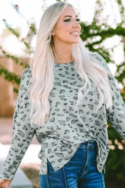 Sale Dear-Lover Animal Print Stitching Loose Long Sleeve Top Leopard
