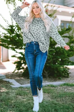 Sale Dear-Lover Animal Print Stitching Loose Long Sleeve Top Leopard