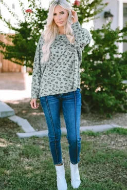 Sale Dear-Lover Animal Print Stitching Loose Long Sleeve Top Leopard