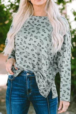 Sale Dear-Lover Animal Print Stitching Loose Long Sleeve Top Leopard