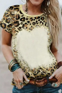 Fashion Dear-Lover Bleached O-neck T Shirt Leopard