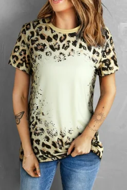 Fashion Dear-Lover Bleached O-neck T Shirt Leopard