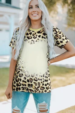 Fashion Dear-Lover Bleached O-neck T Shirt Leopard