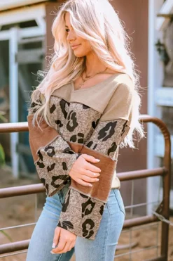 Outlet Dear-Lover Colorblock Patchwork V-Neck Loose Sleeve Knit Top Leopard