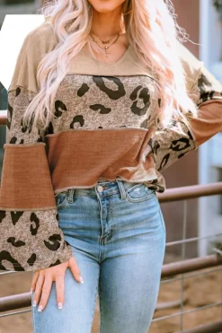 Outlet Dear-Lover Colorblock Patchwork V-Neck Loose Sleeve Knit Top Leopard