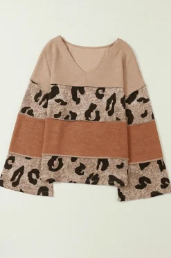 Outlet Dear-Lover Colorblock Patchwork V-Neck Loose Sleeve Knit Top Leopard