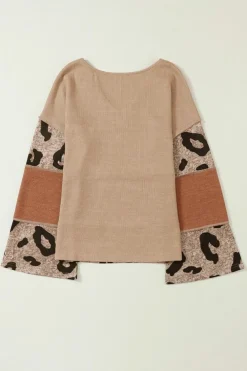 Outlet Dear-Lover Colorblock Patchwork V-Neck Loose Sleeve Knit Top Leopard