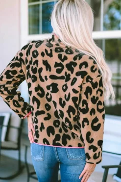 Fashion Dear-Lover Colorblock Pocket Zipper Fuzzy Fleece Jacket Leopard
