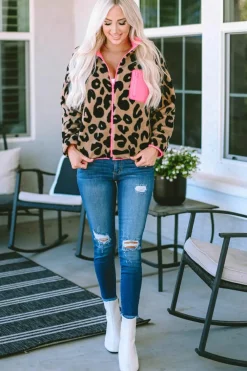Fashion Dear-Lover Colorblock Pocket Zipper Fuzzy Fleece Jacket Leopard