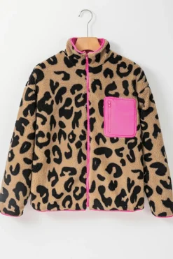 Fashion Dear-Lover Colorblock Pocket Zipper Fuzzy Fleece Jacket Leopard