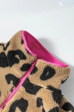 Fashion Dear-Lover Colorblock Pocket Zipper Fuzzy Fleece Jacket Leopard