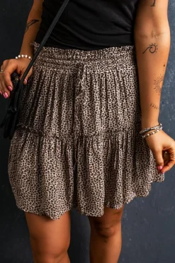 Discount Dear-Lover Leopard Drawstring Frilly Short Skirt Beige