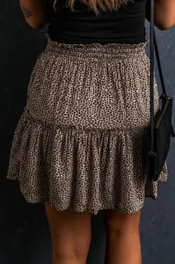 Discount Dear-Lover Leopard Drawstring Frilly Short Skirt Beige
