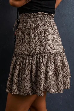 Discount Dear-Lover Leopard Drawstring Frilly Short Skirt Beige