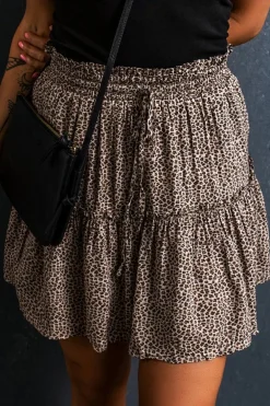 Discount Dear-Lover Leopard Drawstring Frilly Short Skirt Beige