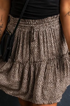 Discount Dear-Lover Leopard Drawstring Frilly Short Skirt Beige