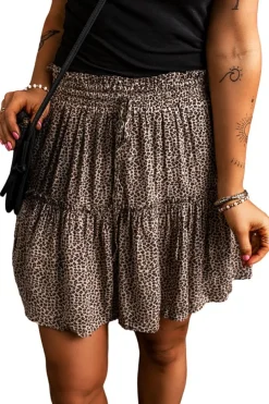 Discount Dear-Lover Leopard Drawstring Frilly Short Skirt Beige