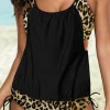 Fashion Dear-Lover Grey Layered-Style Striped Tankini with Triangular Briefs Leopard