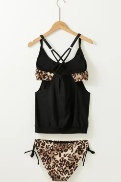 Fashion Dear-Lover Grey Layered-Style Striped Tankini with Triangular Briefs Leopard
