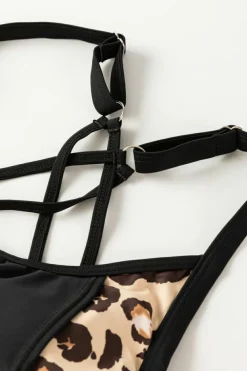 Fashion Dear-Lover Grey Layered-Style Striped Tankini with Triangular Briefs Leopard