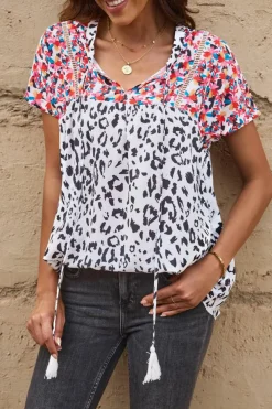 Discount Dear-Lover Mix Print Tassel Tie Blouse Leopard