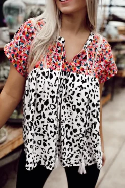 Discount Dear-Lover Mix Print Tassel Tie Blouse Leopard