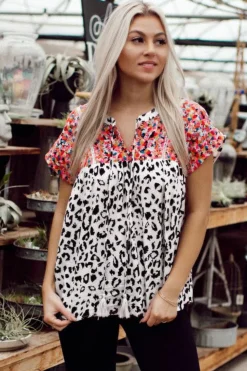 Discount Dear-Lover Mix Print Tassel Tie Blouse Leopard