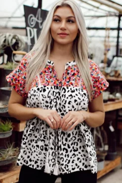 Discount Dear-Lover Mix Print Tassel Tie Blouse Leopard
