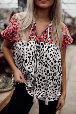 Discount Dear-Lover Mix Print Tassel Tie Blouse Leopard