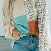 Clearance Dear-Lover Patchwork Color Block Ribbed Long Sleeve Top Leopard