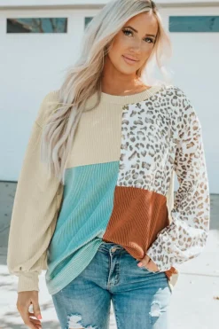 Clearance Dear-Lover Patchwork Color Block Ribbed Long Sleeve Top Leopard