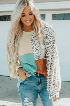 Clearance Dear-Lover Patchwork Color Block Ribbed Long Sleeve Top Leopard