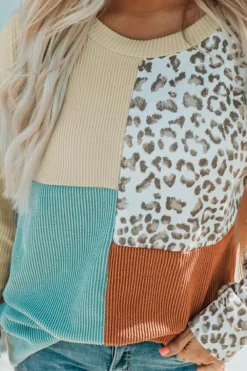 Clearance Dear-Lover Patchwork Color Block Ribbed Long Sleeve Top Leopard