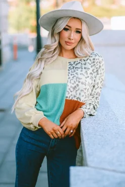 Clearance Dear-Lover Patchwork Color Block Ribbed Long Sleeve Top Leopard