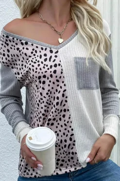 Clearance Dear-Lover Patchwork Ribbed Color Block V Neck Top Leopard