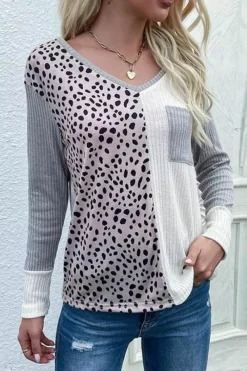 Clearance Dear-Lover Patchwork Ribbed Color Block V Neck Top Leopard