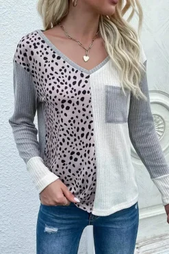 Clearance Dear-Lover Patchwork Ribbed Color Block V Neck Top Leopard