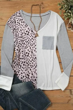 Clearance Dear-Lover Patchwork Ribbed Color Block V Neck Top Leopard